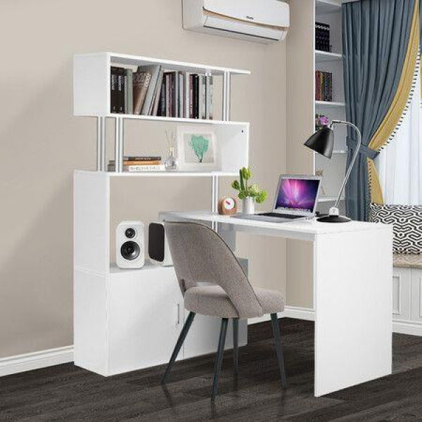 Office Computer Desk L Shaped Rotating Corner Study Home Writing Table 3 Bookshelf 2 Cabinet White