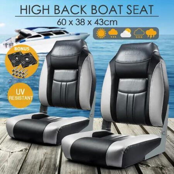 OGL 2pcs Folding Boat Seats Marine Captain Helm Swivel Foldable High Back Chairs Vinyl Moulded Waterproof Flip Seating Set