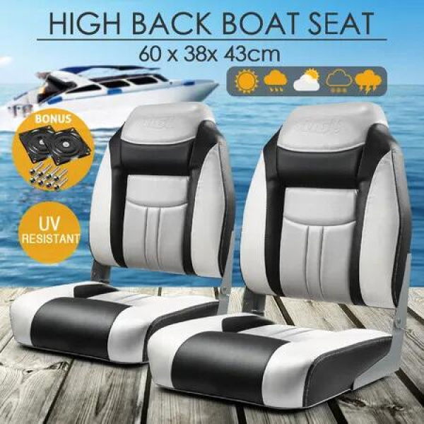 OGL 2pcs Folding Boat Seats Marine Helm Captain Foldable Swivel Chairs High Back Moulded Vinyl Flip Waterproof Fishing Seating Set