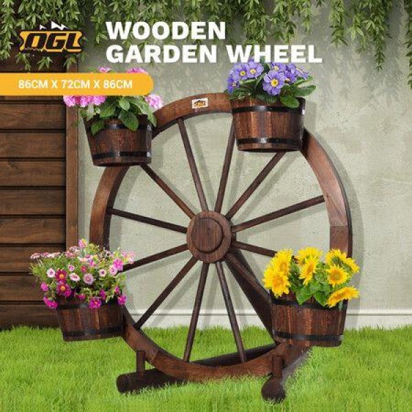 OGL Garden Ornaments Plant Stand Decor Wooden Wagon Wheel Rustic Outdoor Yard Decoration Planter Flower
