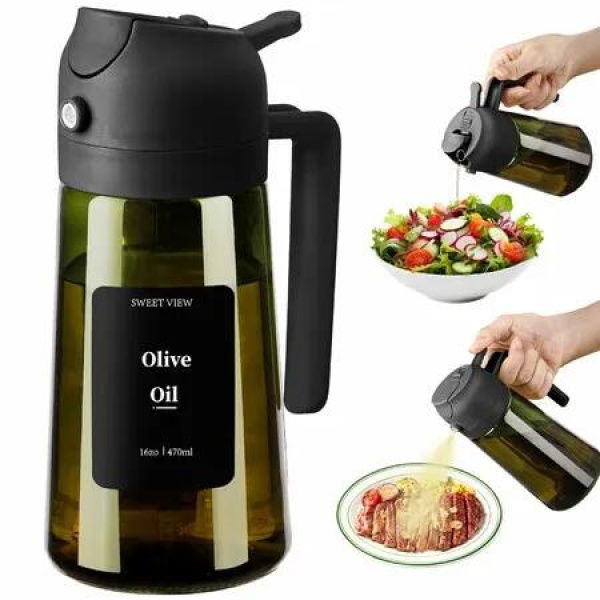 Olive Oil Dispenser and Oil Sprayer 16oz/470ml Glass Light Proof Oil Pourer for Kitchen,Air Fryer,Cooking,Salad,BBQ BLACK