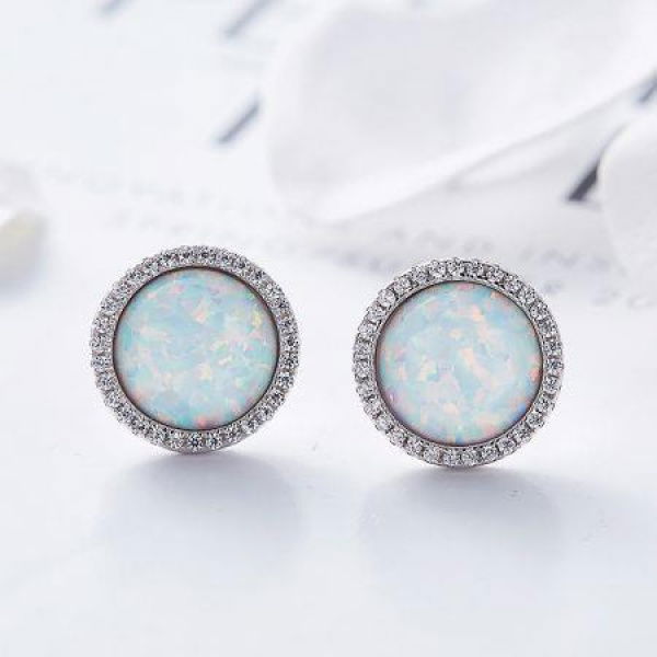 Opal Solitaire Colorful Stud Earrings Round 925 Sterling Silver Fashion Jewelry