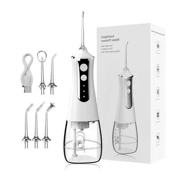 Oral Hygiene Portable Mouth Irrigator with 300ML Capacity and 5 Specialized Nozzles for a Deep Clean(White)