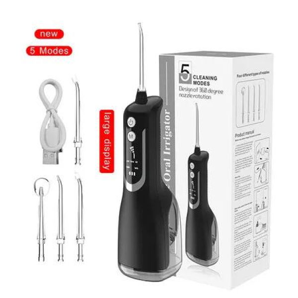 Oral Irrigator for Teeth Cleaner, 5 Modes and 4 Jet Tips, IPX7 Waterproof,300ML Detachable Water Tank for Home and Travel (Black)