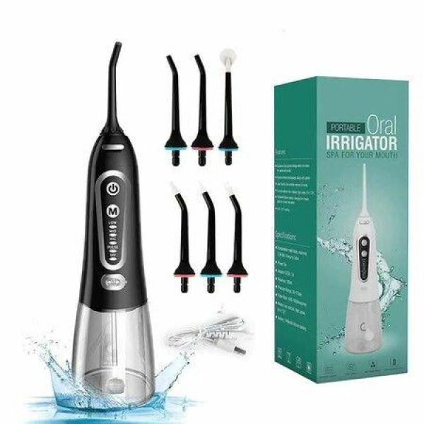 Oral Irrigator Wireless Electric With 5 Modes And 6 Nozzles Water Flosser IPX7 Waterproof USB Charging 300ml Tooth Cleaner For Home Travel (Black)