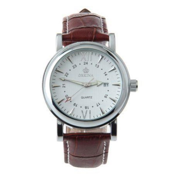 ORKINA 040 Men's Brown Leather Strap White Dial Quartz Watch with Calendar Display