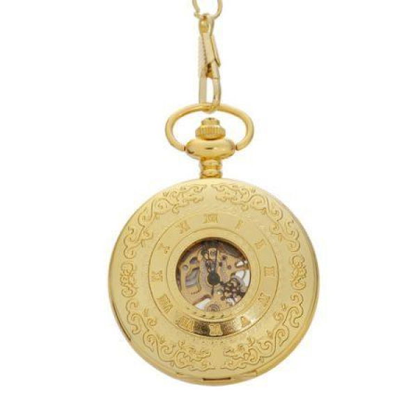 ORKINA Retro Printing Stainless Steel Analog Manual Mechanical Pocket Watch Golden