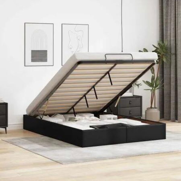 Ottoman Storage Bed Frame without Mattress Black Queen Faux Leather