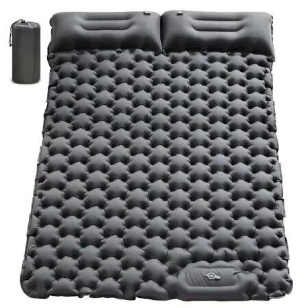 ouble Sleeping Pad: Inflatable, Self-Inflating, and Ultra-Thick with Built-in Pillow and Foot Pump (Grey)