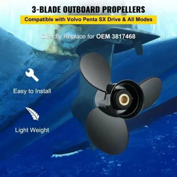 Outboard Propeller, Replace for OEM 3817468, 3-Blade 14.5' x 19' Pitch Aluminium Boat Propeller, Compatible with Volvo Penta SX Drive All Models, with 19 Tooth Splines, RH