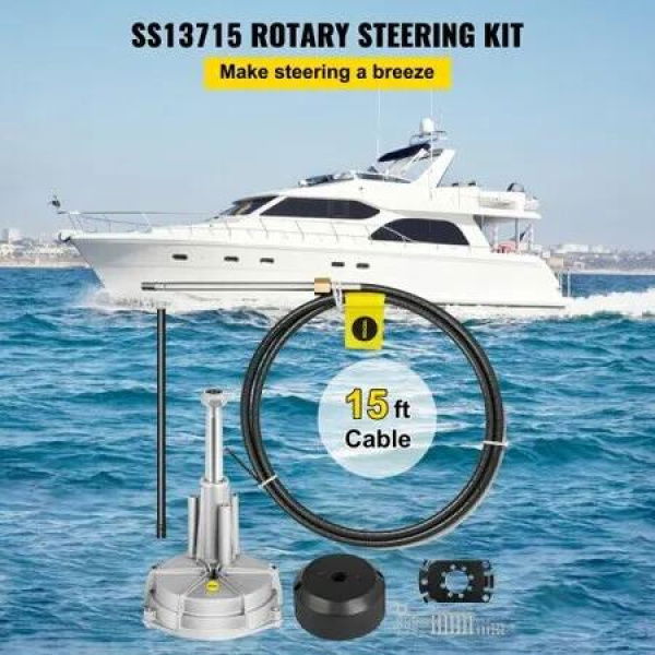 Outboard Steering System Kit, 15' Boat Steering Cable, Standard 3/4 Tapered Shaft, Alloy Marine Steering System, Quick to Install, for Yachts, Fishing Boats, And Other Waterborne Vehicles