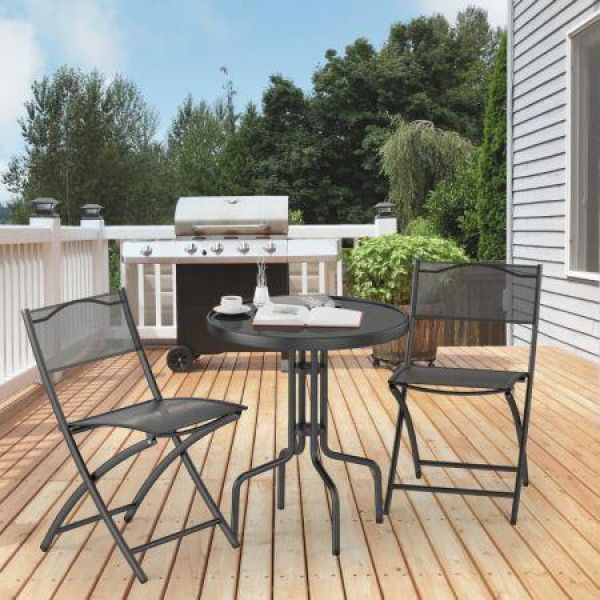 Outdoor Bistro Table Set With Round Black Tempered Glass Tabletop