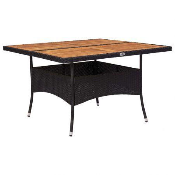 Outdoor Dining Table Black Poly Rattan And Solid Acacia Wood