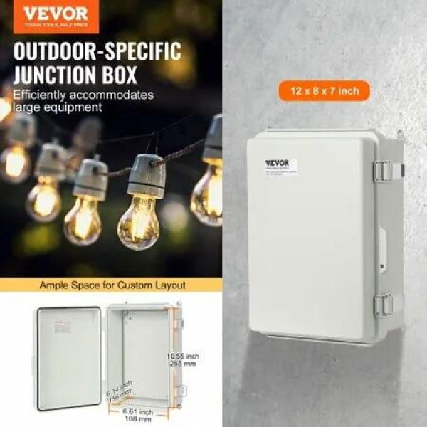 Outdoor Electrical Junction Box 300 x 200 x 180 mm ABS Plastic Electrical Enclosure Box with Hinged Cover Stainless Steel Latch IP67 Dustproof Waterproof