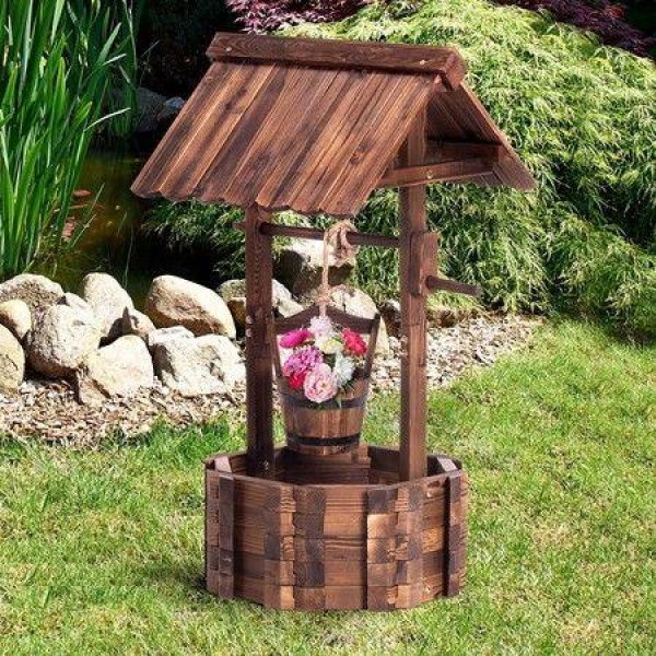 Outdoor Garden Wishing Well Planter Flower Bucket Patio Lawn Wooden Decor Rustic