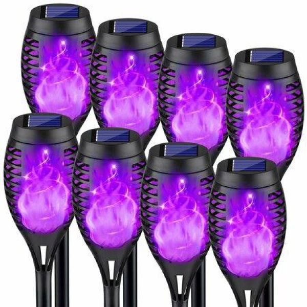 Outdoor Halloween Solar Lights Purple Flame 8 Pack Waterproof Solar Pathway Lights for Halloween Yard Decorations