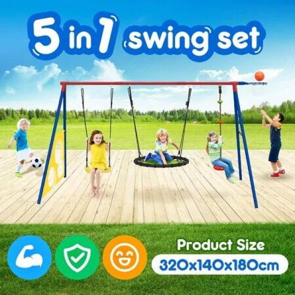 Outdoor Kids Swing Set Toys 5in1 Playset Basketball Hoop Football Goal Gate Climb Tree Saucer Child Backyard Playground Activity Centre Equipment