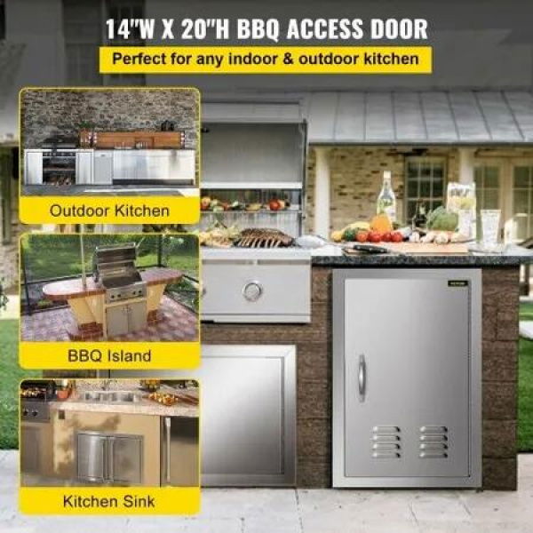 Outdoor Kitchen 14W x 20H Inch Wall Construction Stainless Steel Flush Mount for BBQ Island Single Door with Vents