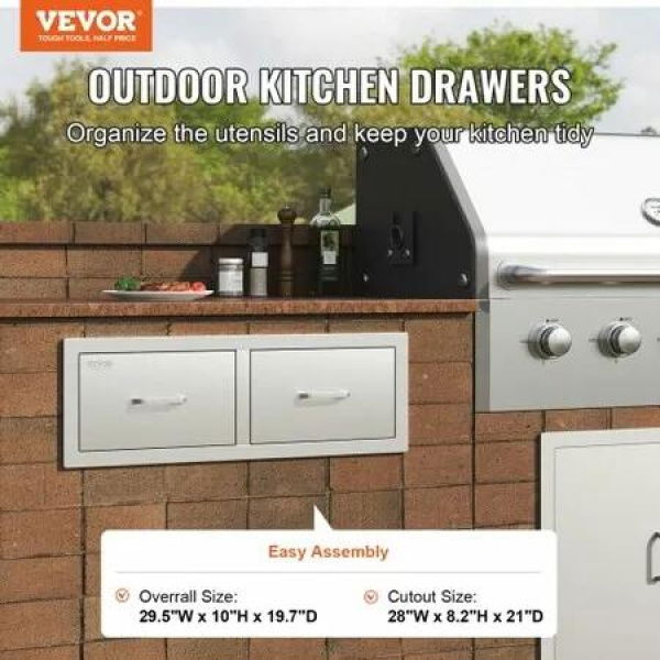 Outdoor Kitchen Drawers 30' W x 10' H x 20' D Horizontal Double BBQ Access Drawers Stainless Steel with Handle BBQ Island Drawers