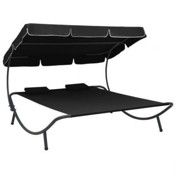 Outdoor Lounge Bed With Canopy And Pillows Black