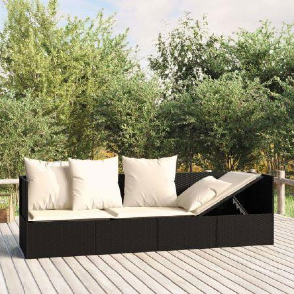 Outdoor Lounge Bed With Cushions Black Poly Rattan