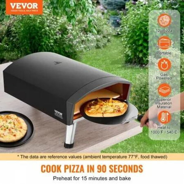 Outdoor Pizza Oven 12' Gas Fired Pizza Maker Portable Outside Pizza Grill with Thickened Cordierite Pizza Stone Waterproof Cover Iron Spray Gas Oven