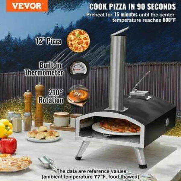 Outdoor Pizza Oven 12' Wood Fired Pizza Ovens Pellet Pizza Stove w/ Built-in Thermometer Heat to 540 degreeC with Thickened Cordierite 210 degree Rotating