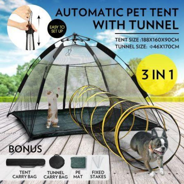 Outdoor Pop-up Pup Tent Portable For Pets Dogs Cats With Tunnel One Step Assembly