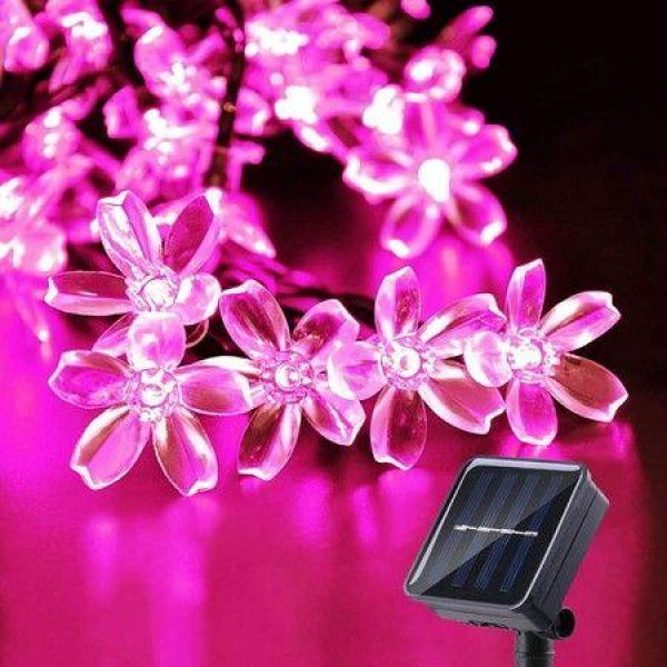 Outdoor Solar Flower String Lights Waterproof 50 LED Fairy Christmas Tree Patio Garden Fence Pink Decor