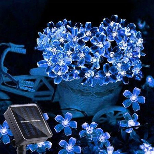 Outdoor Solar Flower String Lights Waterproof 50 LED Fairy Lights Decorations For Christmas Tree Garden Patio Fence Yard Spring (Blue)