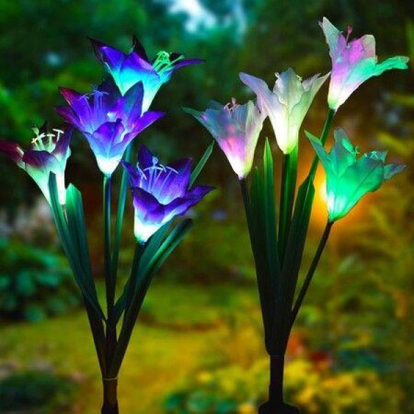 Outdoor Solar Garden Stake Lights - Doingart 2 Pack Solar Powered Lights With 8 Lily Flower Multi-color Changing LED Solar Decorative Lights For Garden Patio Backyard (Purple And White)