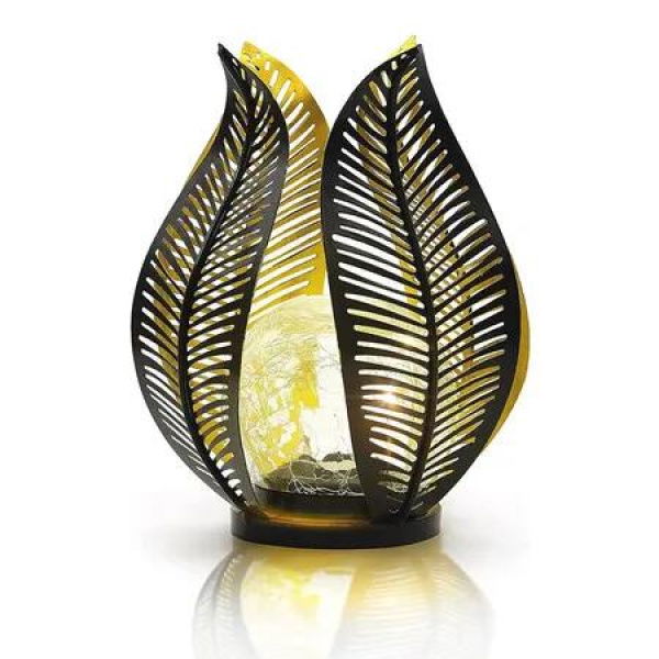 Outdoor Solar Lights Waterproof Crackle Globe Glass Metal Palm Leaf Decorative Garden Patio Yard Front Porch Tabletop Lamp Gift