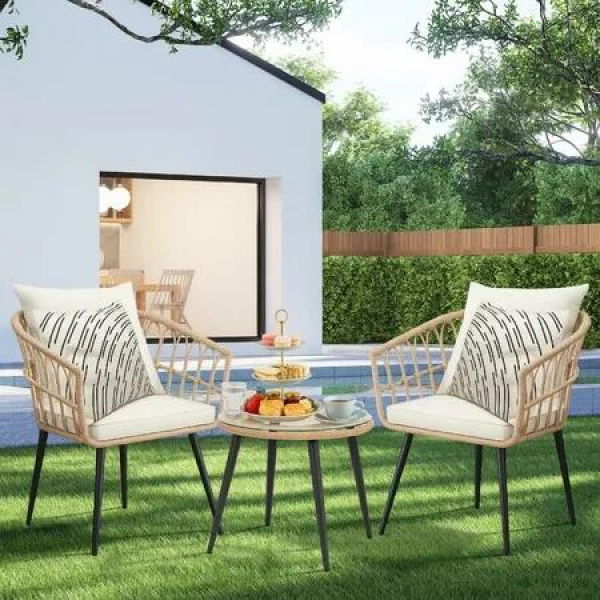 Outdoor Table and Chairs 3 Piece Wicker Side Glass Coffee Dining Set Garden Patio Lounge Setting Bistro Rattan Furniture Cushions Balcony Conversation