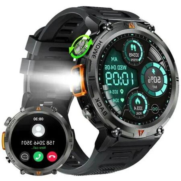 Outdoor Tactical Smartwatch with Bluetooth Calls(Call Receive/Dial),Fitness HeartRate Sleep Tracking,LED Flashlight,1.45' high-definition display,Compatible with both iOS and Android smartphones