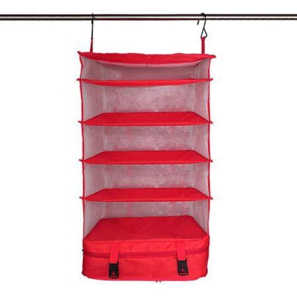 Outdoor Travel Suitcase Storage Bag Five-Layer Hanging Bag Storage Bag Home Foldable Mesh Storage Bag (Red)