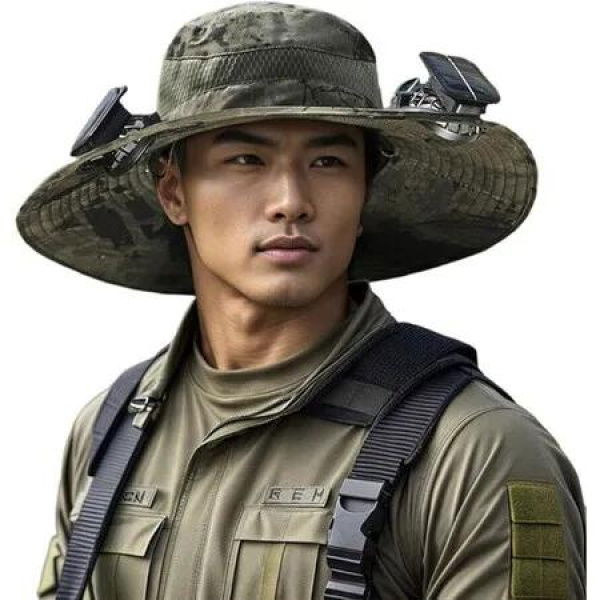 Outdoor Wide Brim Sun Hat with 2 Solar Fan Sun Bucket Hat for Men Women UPF 50+ Bucket Fishing & Beach Hat with Fan Built In,Green