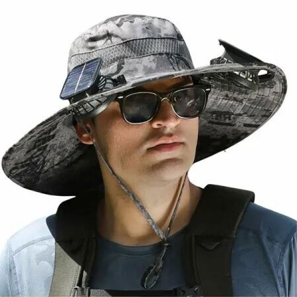 Outdoor Wide Brim Sun Hat with 2 Solar Fan Sun Bucket Hat for Men Women UPF 50+ Bucket Fishing & Beach Hat with Fan Built In,Grey