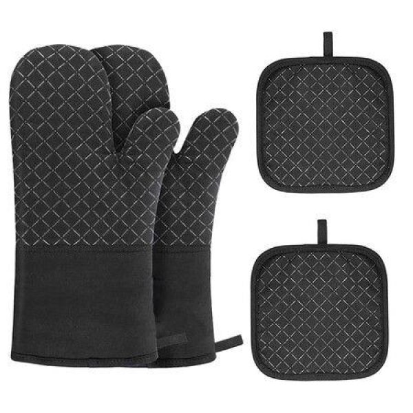 Oven Mitts And Pot Holders 4 Pcs Oven Glove Extra Long Oven Mitts And Potholder With Non-Slip Silicone Surface For Cooking (Black)