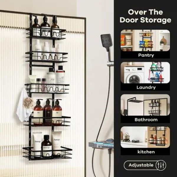 Over The Door Pantry Organiser Hanging Spice Storage Rack Shower Caddy Shelves Holder Kitchen Bathroom Adjustable Basket Metal Shelving Hooks 5 Tiers