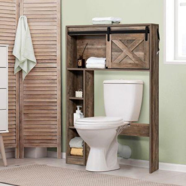 Over The Toilet Storage Cabinet With Sliding Barn Door And Shelves.