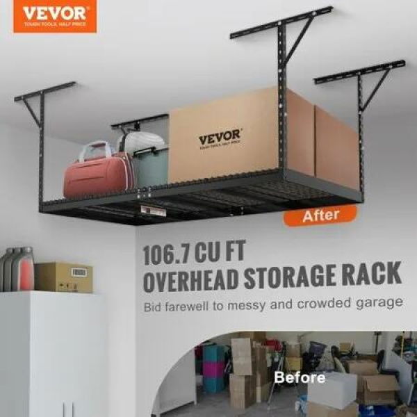 Overhead Garage Storage Rack 48x96 inch Garage Ceiling Storage Racks Heavy Duty Adjustable Cold Rolled Steel Racks for Garage Storage Organization