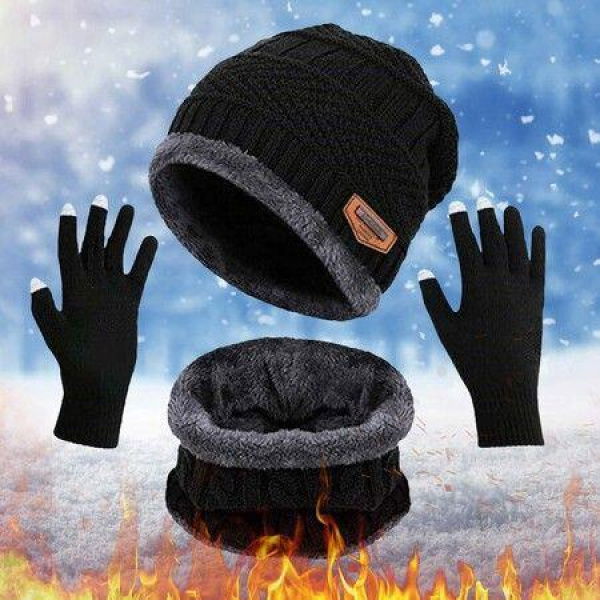 Pack Of 3 Winter Knitted Beanie Hats Collars Warm Gloves Fleece Lining Infinity Scarf Mens And Womens Gloves. Color: Black.