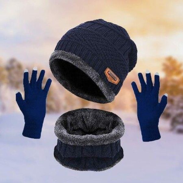 Pack Of 3 Winter Knitted Beanies Hats Collars Warm Gloves Fleece Lining Infinity Scarf Mens And Womens Gloves Color Navy Blue