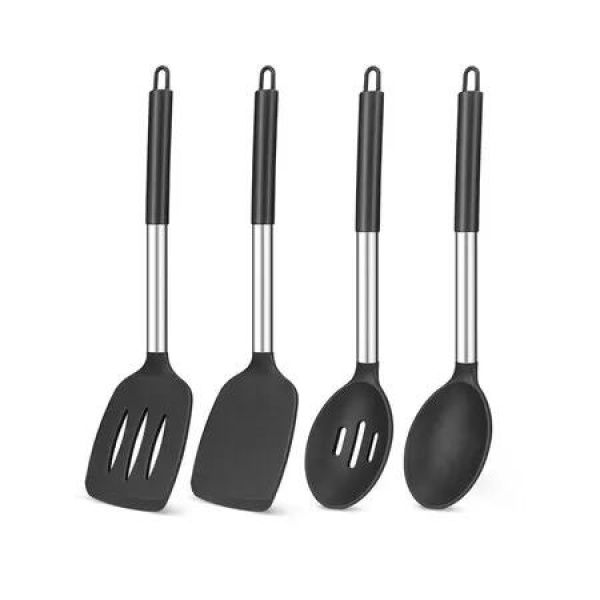 Pack of 4 Silicone Cooking Utensils Set,Non Stick Large Solid Spatulas,Heat Resistant Stainless Steel Khaki Slotted Spoons,Ideal BPA Free Kitchen Turners