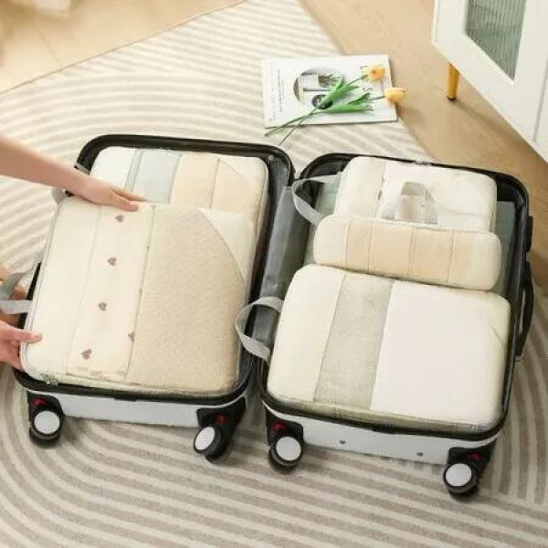 Pack Smart, Travel Light: 5-Set Compression Packing Cubes for Organized Suitcases (Beige)