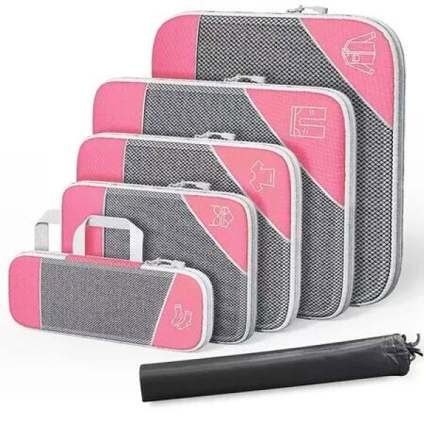 Packing Cube Compression Travel Luggage Organizer 6 Pcs Suitcase Carry On Traveller Bag Space Saver Lightweight Pink