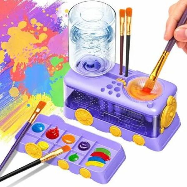 Paint Brush Cleaner with Paint Tray,Water Circulation Brush Rinser with Brush Holder,Watercolor Oil Water-Based Brush Cleaner Tool,400ml Capacity-Purple