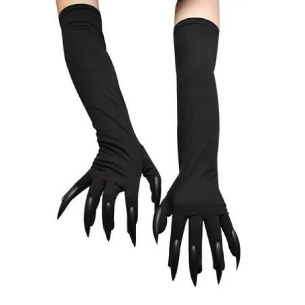 Pair of Halloween Cat Woman Long Nail Claw Gloves Black Sleeve Paw Gloves for Women Girls Cosplay Party Props