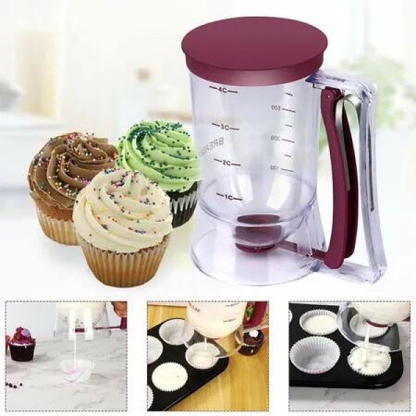 Pancake Batter Dispenser, 4-Cup Batter Dispenser with Squeeze Handle & Measuring Marks for Pancakes Waffles Muffins Crepes & Cupcakes (Purple)