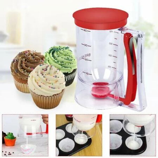 Pancake Batter Dispenser, 4-Cup Batter Dispenser with Squeeze Handle & Measuring Marks for Pancakes Waffles Muffins Crepes & Cupcakes (Red)